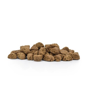 Ein Haufen brauner Tierfutterkibble-Stücke auf einem weißen Hintergrund, der verschiedene Formen und Größen zeigt.