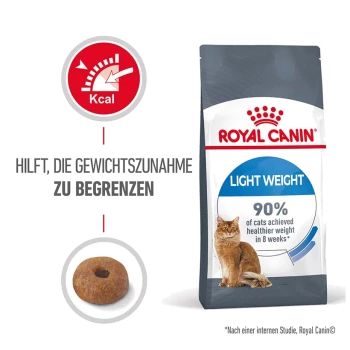 Royal Canin Light Weight Katzenfutterbeutel mit einem Katzenbild, behauptet, 90 % der Katzen in 8 Wochen zu einem gesünderen Gewicht zu verhelfen.