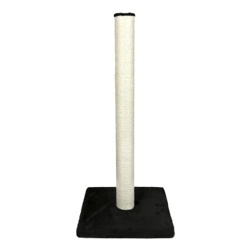 Ein hoher, beiger Kratzbaum für Katzen mit schwarzem Sockel, entworfen für das Kratzen und Klettern von Katzen.