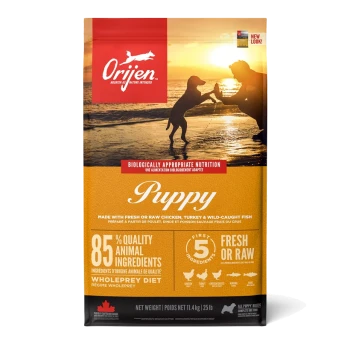 Sac de nourriture pour chiots Orijen avec une scène de plage au coucher du soleil d'une personne et d'un chien, mettant en avant "85 % d'ingrédients animaux de qualité" et "frais ou cru."
