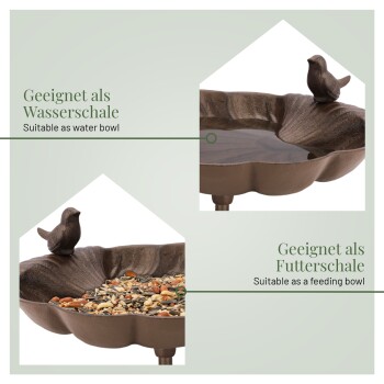 Eine dekorative Haustierschüssel mit einer Vogelfigur, gekennzeichnet als geeignet für Wasser und Futter, mit einem strukturierten Blättermuster.