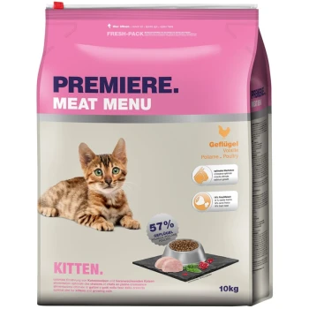 Cat food bag labeled "Premiere Meat Menu" for kittens, featuring a playful kitten image, with 57% poultry content and 10kg weight.