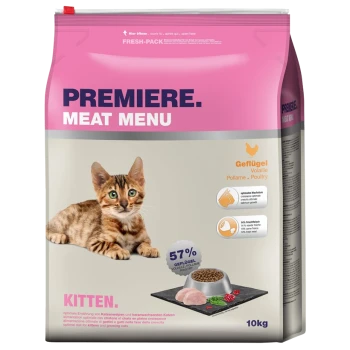 Cat food bag labeled "Premiere Meat Menu" for kittens, featuring a playful kitten image, with 57% poultry content and 10kg weight.