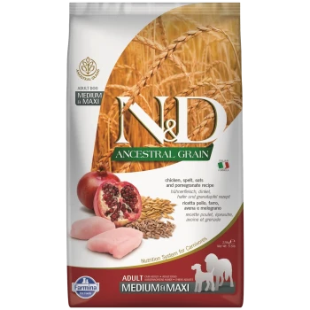 Torba z karmą dla psów z "N&D Ancestral Grain" z kurczakiem, orkisz, owsem i przepisem na granat; zawiera zdjęcia składników.