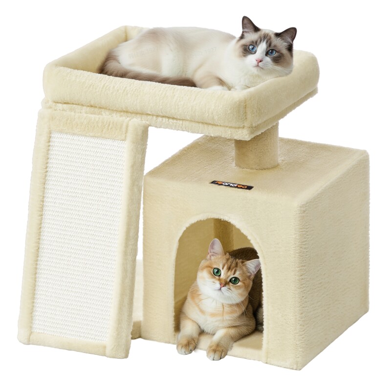 FEANDREA Kratzbaum, Katzenbaum mit Kratzrampe und Plattform, Katzenkratzbaum mit Höhle beige