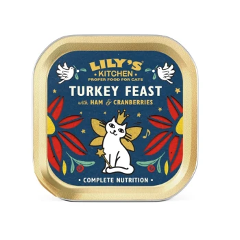 Lily's Kitchen Truthahnfest Katzenfutter mit Schinken und Cranberries, mit einer verspielten Katzenillustration und bunten Blumenmustern.