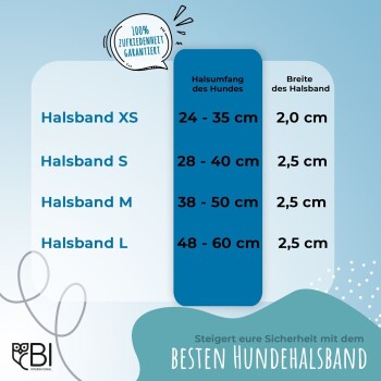 Größentabelle für Hundehalsbänder (XS bis L) mit Halsmessungen. Text: "100% Zufriedenheit garantiert" und "Steigert eure Sicherheit."