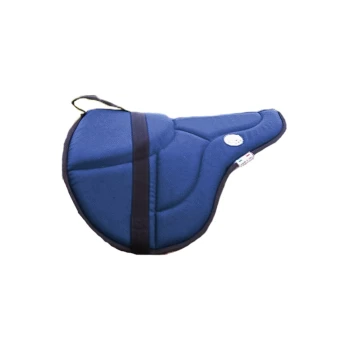 Blau gepolsterter Haustiersattel mit einem schwarzen Riemen, entworfen für Komfort und Unterstützung, mit einem kleinen weißen Etikett.