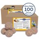 Gourmet-Vogelfutterbälle in einer Box mit einem Vogel, der oben sitzt; das Etikett lautet "Lyra Pet VOGELFUTTER Gourmet Meisenknödel ohne Netz 100 Stück."