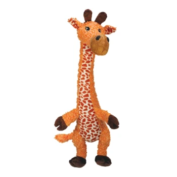 Shakers Luvs Girafe Jouet pour chien en peluche girafe orange au long cou à motifs, museau marron, sabots et pattes molles.