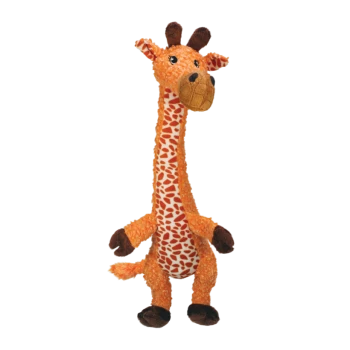 Orange plush giraffe dog toy with long patterned neck, brown muzzle, hooves and floppy legs