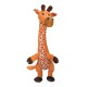 Orange plush giraffe dog toy with long patterned neck, brown muzzle, hooves and floppy legs