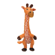 Orange plush giraffe dog toy with long patterned neck, brown muzzle, hooves and floppy legs