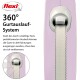 Flexi 360° Gurtlauf-System mit pinkem Gehäuse und einem einziehbaren Gurt, mit Text, der das verwicklungsfreie Design erklärt.