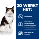 Een calico kat op een blauwe achtergrond toont tekst: "Minder jodium," "Verminderde fosfor," "Omega-3," "Rijk aan L-carnitine."