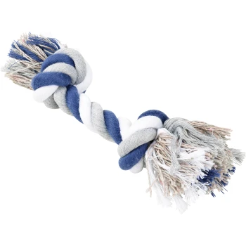 Ein buntes Hundeseilspielzeug mit verdrehten Strängen in Blau, Grau und Weiß, mit ausgefransten Enden für zusätzliche Textur.
