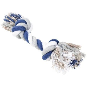 Ein buntes Hundeseilspielzeug mit verdrehten Strängen in Blau, Grau und Weiß, mit ausgefransten Enden für zusätzliche Textur.