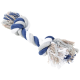 A colorful dog rope toy featuring twisted strands in blue, gray, and white, with frayed ends for added texture.