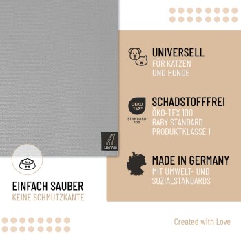 Graue Haustiermatte mit Aufschrift „Sanozoo“, universell für Katzen und Hunde, OEKO-TEX zertifiziert, hergestellt in Deutschland, leicht zu reinigen ohne Schmutzkanten.