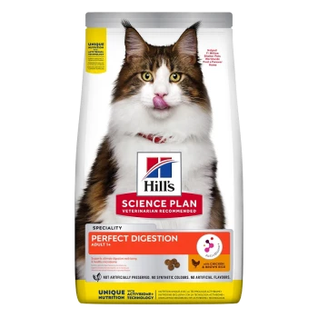 Hill's Science Plan kattenvoerzak met een fluffy kat die zijn lippen likt, gelabeld 'Perfecte Spijsvertering' voor volwassen katten, met kip en bruine rijst.