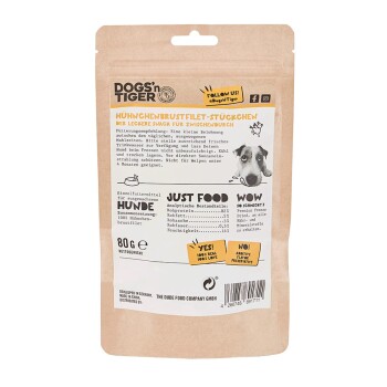 Verpackung für Hundeleckerlis mit "Hühnchenbrustfilet-Stückchen" für Hunde, 80g, mit Fütterungsempfehlungen und Nährwertanalyse.