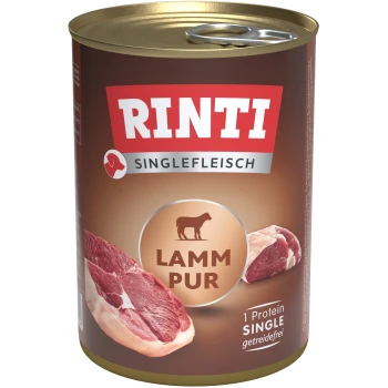 Dose Rinti Hundefutter mit "Lamm Pur" (reines Lamm) und einem goldenen Deckel, der Bilder von rohem Lammfleisch und den Text "1 Protein SINGLE" zeigt.