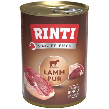 Boîte de nourriture pour chiens Rinti avec "Lamm Pur" (agneau pur) avec un couvercle doré, présentant des images de viande d'agneau crue et le texte "1 Protein SINGLE."