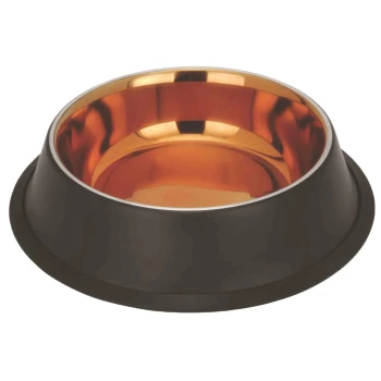 Bol de nourriture pour animaux de compagnie noir avec un intérieur en cuivre brillant et un bord en argent, conçu pour les chiens ou les chats.