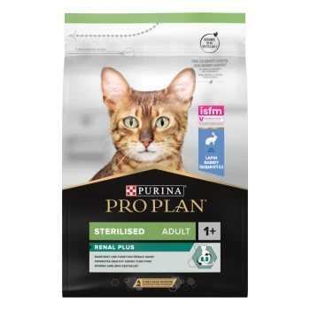 Purina Pro Plan Katzenfutterbeutel mit einem Nahaufnahme des Gesichts einer Katze, beschriftet mit 'Sterilisiert Erwachsen 1+' und 'Renal Plus', mit Gesundheitsansprüchen.