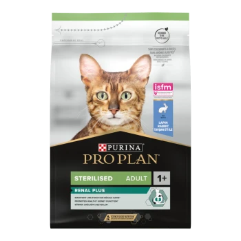 Purina Pro Plan kattenvoer zak met een close-up van een kattengezicht, gelabeld 'Gesteriliseerd Volwassen 1+' en 'Renal Plus', met gezondheidsclaims.