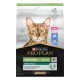 Sac de nourriture pour chat Purina Pro Plan avec un gros plan du visage d'un chat, étiqueté 'Stérilisé Adulte 1+' et 'Rénal Plus', avec des allégations de santé.