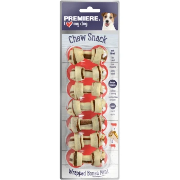 Wrapped Bones Mini Rind 7 Stück Kau-Snack eingewickelte Knochen Mini für Hunde, mit Rindfleischfüllung, die in einer kaubaren Hülle eingewickelt ist. Der Text enthält 'langanhaltendes Kauen' und 'hart'.