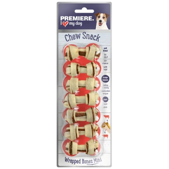 Chew Snack Wrapped Bones Mini for dogs, featuring beef filling wrapped in a chewy exterior. Text includes "lasting chewing" and "hard."