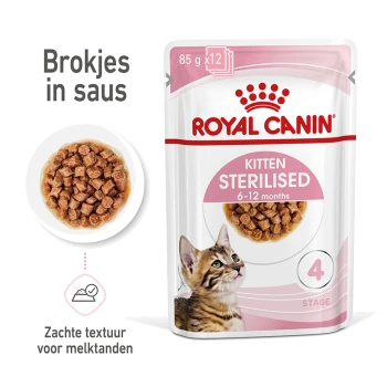 Royal Canin Kitten Sterilised kattenvoer verpakking, met een kittenafbeelding, details "6-12 maanden," en een kom met brokjes in saus.
