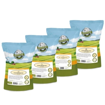 Vier Tüten BELLFOR-Haustierleckerlis, beschriftet mit 'FLEISCHSTREIFEN', mit einem malerischen Landschaftshintergrund und Nährwertinformationen.