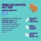 Bravo-Kekse für Haustiere, mit frischem Lachs und Huhn, mit Zutaten auf Deutsch aufgelistet. Ansprüche: kein Zuckerzusatz, getreidefreies Rezept.