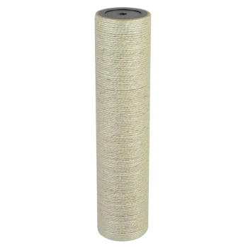 Eine vertikale Rolle aus natürlichem Sisal-Seil, ideal für Katzenkratzbäume, die eine strukturierte, beige Oberfläche zeigt.