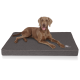 Ein brauner Hund, der bequem auf einem grauen Haustierbett liegt, mit einem Logo, das in der unteren rechten Ecke "RUFFLUFF" liest.