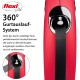 Rote Flexi-Hundeleine mit einem 360°-Rückzugsystem, mit einer Nahaufnahme des Mechanismus und Text, der die Funktionalität beschreibt.