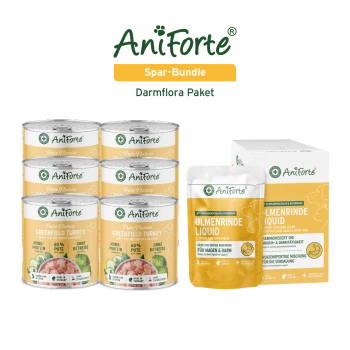 AniForte Spar-Bundle 'Darmflora Paket' — sechs Greenfield Turkey-Dosen sowie Ulmenrinde-Flüssigkeit im Beutel und in der Schachtel