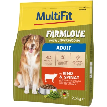 Hundefutterbeutel mit der Aufschrift 'MultiFit Farmlove mit Superfood', mit einem Hund, Details zu Zutaten wie Rindfleisch und Spinat sowie glutenfreier Formel.