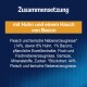 Tierfutterverpackung mit dem Text "Zusammensetzung mit Huhn und einem Hauch von Bacon," der die Zutaten und Nährwertinformationen beschreibt.