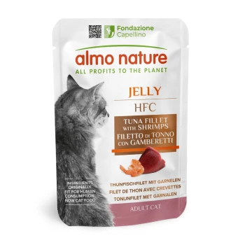 Tüte Almo Nature Katzenfutter mit Thunfischfilet und Garnelen, beschriftet "Jelly HFC," mit einer Katzensilhouette an der Seite.