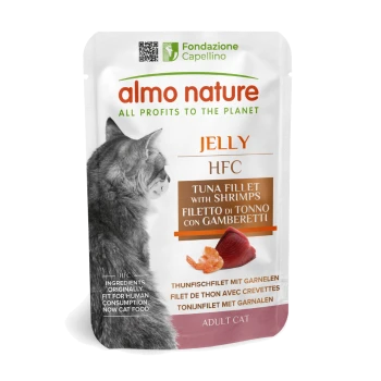 Tüte Almo Nature Katzenfutter mit Thunfischfilet und Garnelen, beschriftet "Jelly HFC," mit einer Katzensilhouette an der Seite.