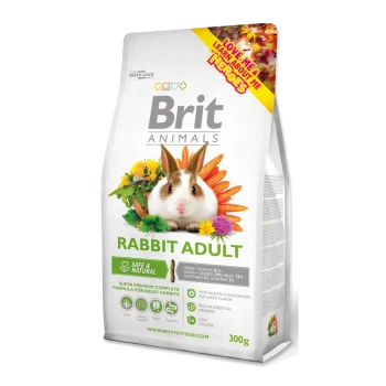 Torba karmy Brit Animals Rabbit Adult z królikiem otoczonym kwiatami i warzywami, z tekstem podkreślającym składniki i korzyści.