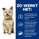Advertentie voor een hondenproduct met een hond aan de linkerkant en tekst die de voordelen van laag fosfor, omega-3 en niergezondheid benadrukt aan de rechterkant.