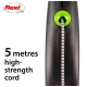Flexi retractable dog leash with a 5-metre high-strength cord, featuring a black handle and a green release button.