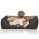 Ein gemütliches schwarzes Hundebett mit einem hellbraunen Innenraum und einem verspielten Australian Shepherd, der liegt und die Zunge herausstreckt. "KNUFFELWUFF" ist auf dem Bett sichtbar.