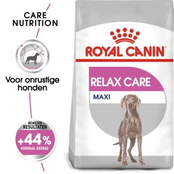 Royal Canin Relax Care hondenvoerzak voor angstige honden, met 'MAXI' label en claims van +44% verbetering van normaal gedrag.