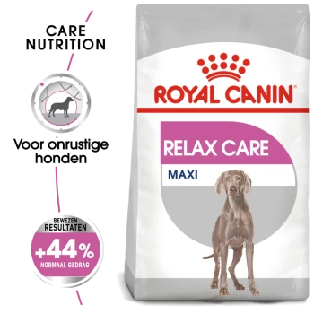 Royal Canin Relax Care hondenvoerzak voor angstige honden, met 'MAXI' label en claims van +44% verbetering van normaal gedrag.